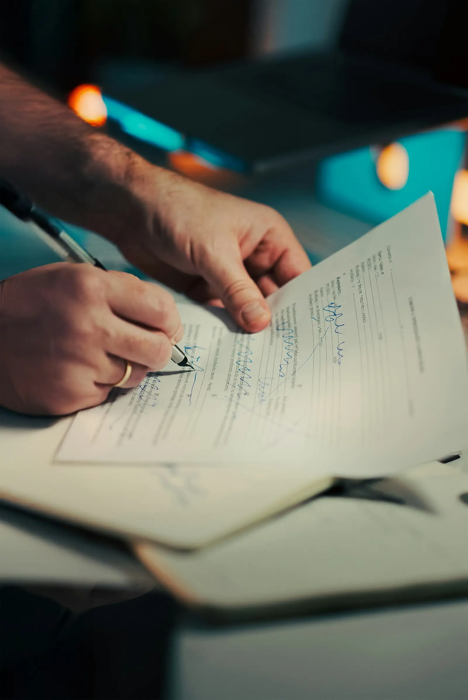 Un hombre firma un documento con bolígrafo.